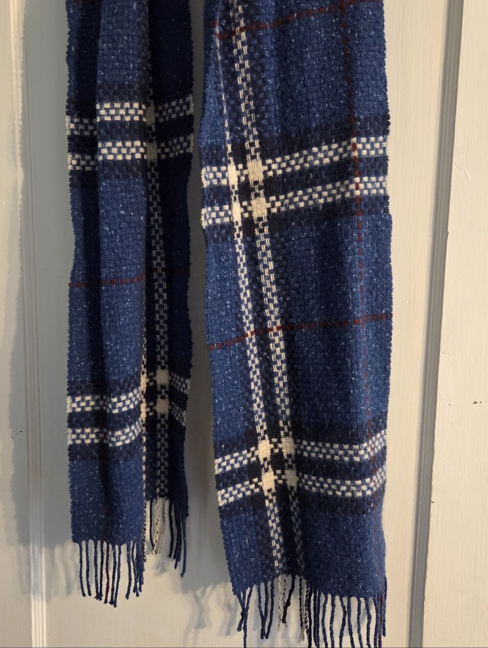 Burberry Merino Angora Blue Plaid Fringe Scarf